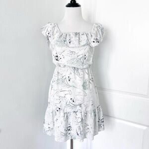 Club Mónaco 100% Silk Ocean Print Off The Shoulder Dress